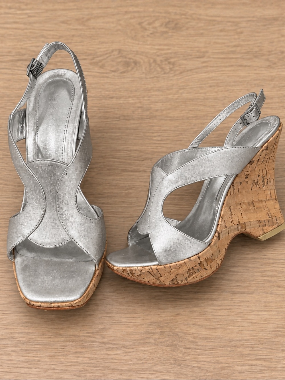 Via Spiga silver Leather Women's Slingback platform strappy wedge Sandals 6.5